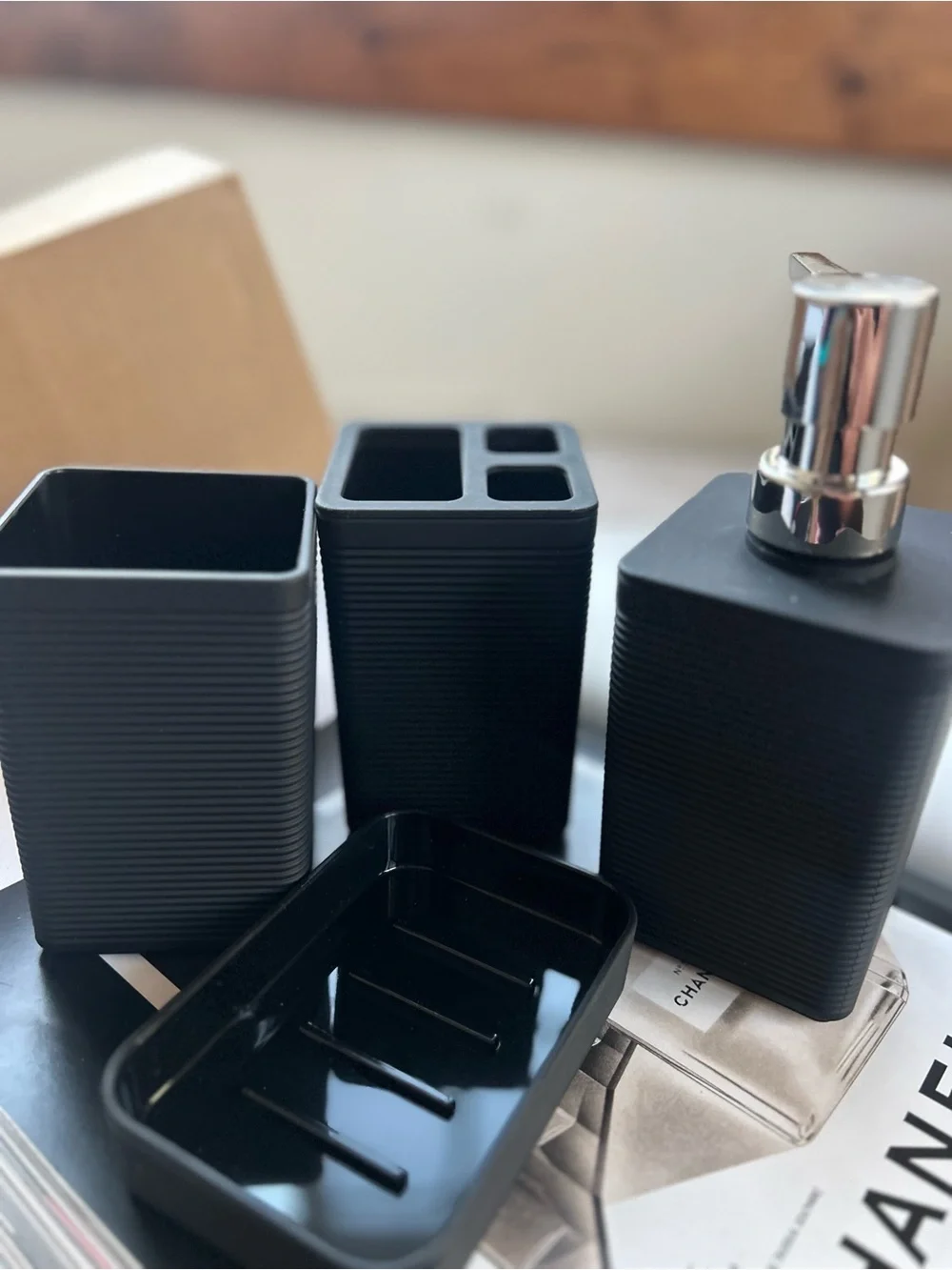Black Ribbed Bathroom Accessory Set - 4 Piece